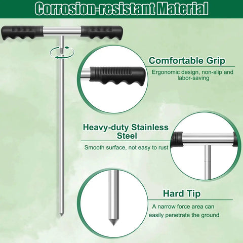 Heavy Duty Metal Soil Probe Rod 32 To 48 Inches With Adjustable Interlocking Sections And Insulated T Handle highlighting grip and tip