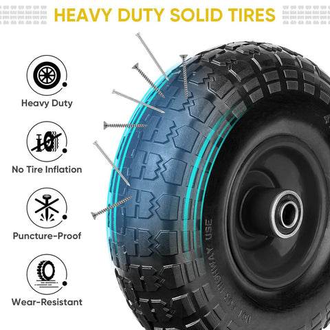 Close-up of 10 Inch Solid Tires 2 Pack Flat Free 4.10/3.50-4 Wheels with 5/8 Inch Axle Bore, showing heavy duty tread.
