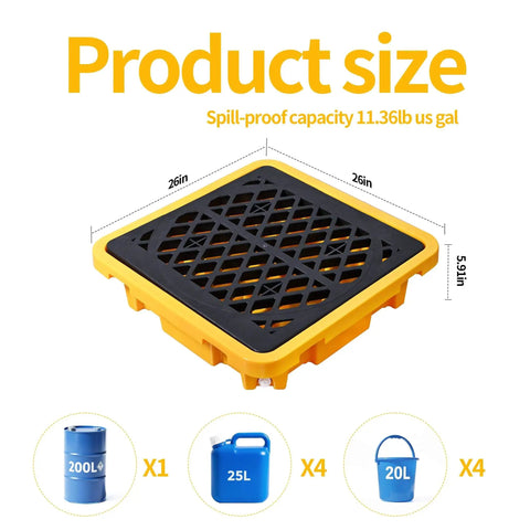 Heavy Duty Spill Containment Pallet With Drain For Industrial And Outdoor Use 26.4 By 26.4 By 6 Inches Anti Slip Leakproof Detachable Plastic Tray 43L Capacity Holds 200L Buckets Cjgyz