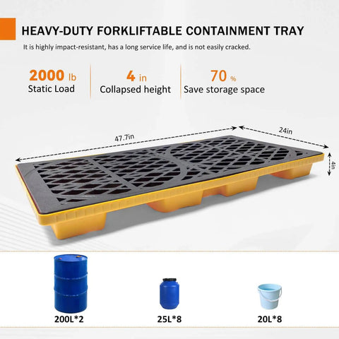 Heavy Duty Modular 2 Drum Spill Pallet Workhorse For Forklift Access With 2000 Pound Capacity And Stackable Containment Tray shown