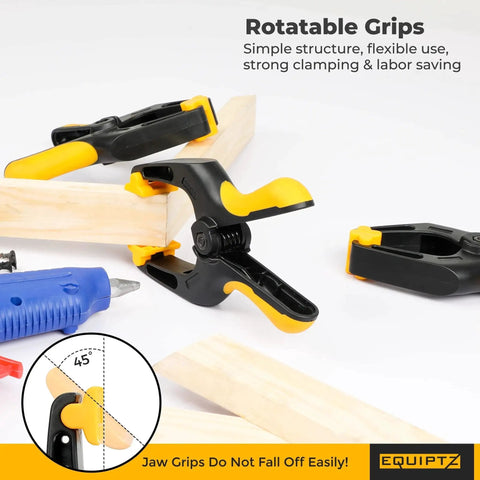 Heavy Duty 6 Inch Spring Clamps Set Of Four for woodworking crafts and pool covers, 3 inch jaw opening, rubber grips, rust-free design.