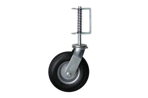 Heavy Duty Flat Free Spring Gate Caster With Universal Mount Eight Inch Wheel 220 Pound Load Capacity And Automatic Height Adjustment