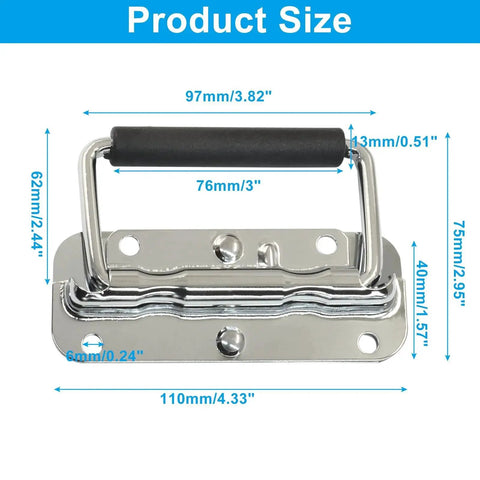 Two Pack 4.33 Inch Silver Spring Loaded Handles For Toolboxes Chest Cases And Storage Boxes showing dimensions and rubber grip