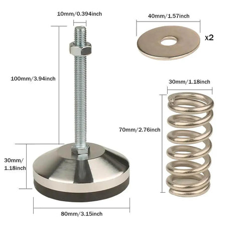 Split Type Heavy-Duty Spring Isolator Floor Standing Base for Workbenches and Machines, dimensions and components shown