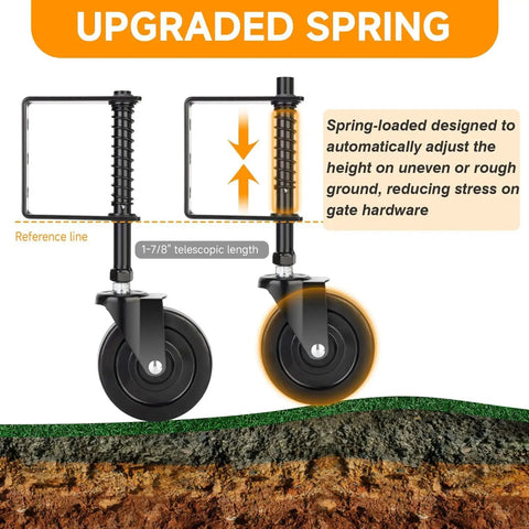 4 Inch Heavy Duty Gate Wheel With Spring Loaded Caster For Uneven Ground Outdoor Gate Helper For Wooden And PVC Fences 360 Degree Swivel Gate Caster Kit 220 Lbs Capacity 2 Pack For Farm Use showing spring adjustment mechanism