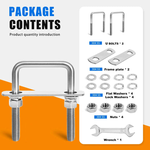 Heavy Duty Square U Bolts M12 Thread Size 304 Stainless Steel U Bolts 3-1/16 Inch Wide By 4-1/2 Inch Long package contents