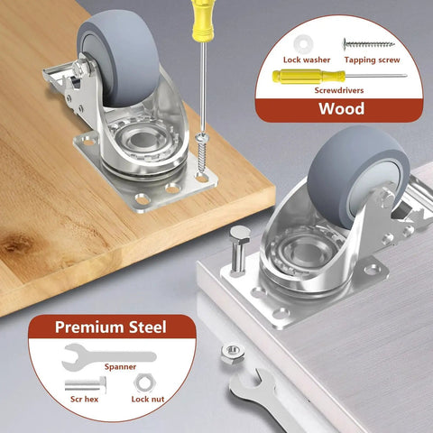 2 Inch Heavy Duty Stainless Steel Caster Wheels With Brake Swivel Set Of 4, 1000 Lbs Total Load installed on wooden surface