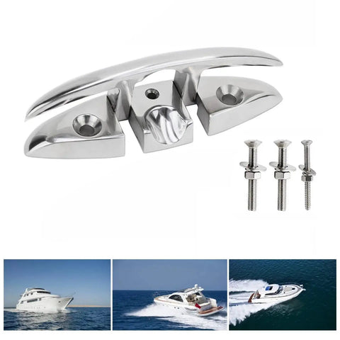 Stainless steel folding boat cleat with mounting screws, front view.