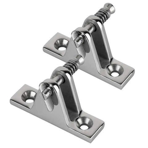 Two stainless steel quick-release boat deck hatch hinge pins with mounting bases, 60mm length, marine-grade hardware