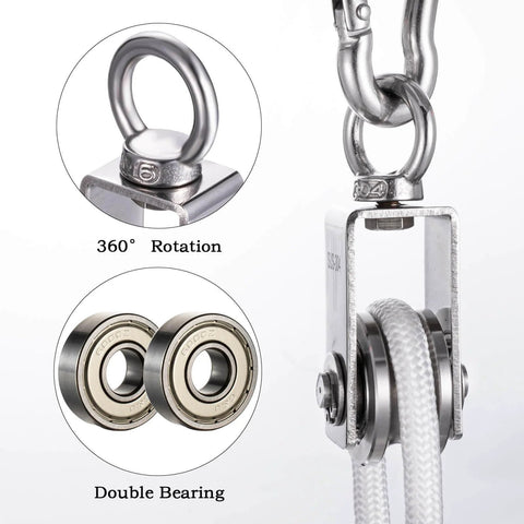 Close-up of Cable Pulley Block Heavy Duty Stainless Steel, Bearing Inside with 32ft Nylon Rope and 1 Hook,Swivel Single Pulley Wheel