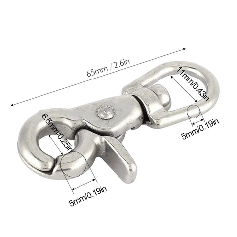 Close-up of stainless steel trigger swivel snap hook with polished finish, 65mm length.