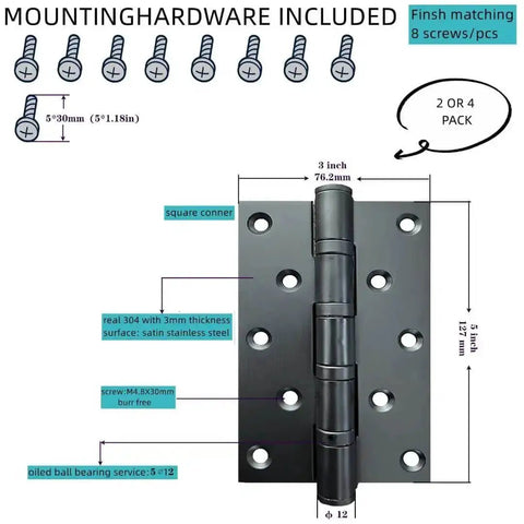 Heavy Duty Stainless Steel Door Hinges Built Like A Tank 5 Inch By 3 Inch Square Corner 304 Stainless Steel Ball Bearings Rust Proof Non Removable Pin 2 Pack For Interior And Exterior Doors, hardware included