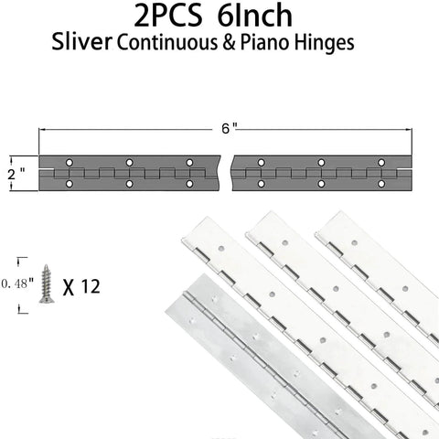 Illustration of Heavy Duty Stainless Steel Piano Hinges 2 Pack 6 Inch Long With 2 Inch Open Width Pre Drilled Holes And Screws