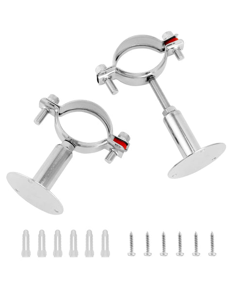 QWORK stainless 2 in OD pipe wall/ceiling clamp pair with bolts and red inserts; includes screws and plastic anchors.