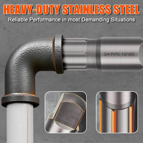 Heavy Duty Pro Grade 9 Piece Pipe Extractor Set For Damaged Pipes From One Eighth Inch To One Inch With Anti Slip Grip And Storage Case Deep Cut Thread Design For Secure Purchase On Broken Or Stripped Threads In Tight Spaces, showing stainless steel extractor on pipe