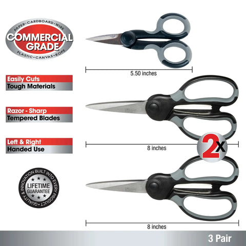 Heavy Duty Scissors Set Of 3 Commercial Grade Stainless Steel Shears For Office Crafting Sewing And Home Use with ergonomic grips