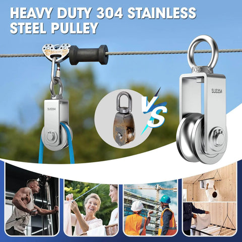 U Type Swivel Pulley Block, 304 Stainless Steel Pulleys for Wire Rope Cable Lifting in outdoor setup with comparison image