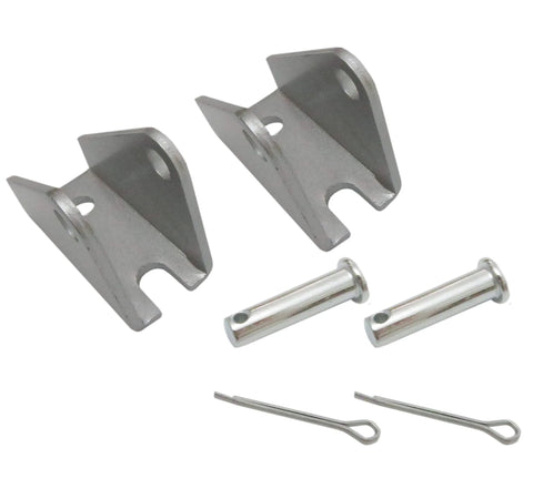 Two gray steel mounting brackets for linear actuator, with bolt holes; includes two pins and retaining clips.