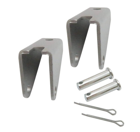 Two silver steel mounting brackets for a linear actuator with pins and retaining clips