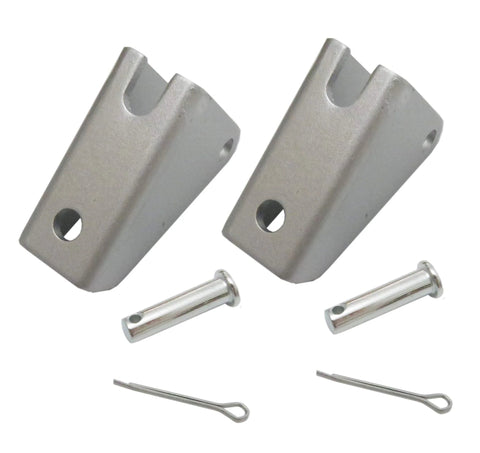 Two gray steel mounting brackets for linear actuator with mounting pins