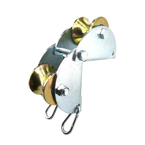 Pulley Hoist with galvanized steel frame, showcasing dual wheels and hooks, ideal for lifting pulleys and material handling.