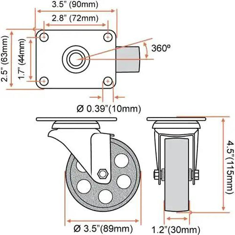 Technical diagram of 4 Pack Heavy Duty Large Steel Swivel Caster Wheels 3.5 Inch showing dimensions and 360-degree rotation