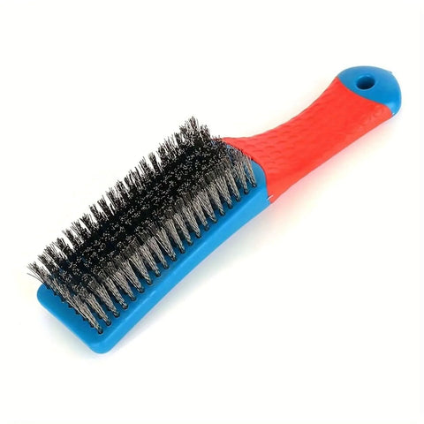 Heavy Duty Wire Brush for Cleaning with dense steel wires and non-slip handle, ideal for rust removal and home kitchen use, close-up view.