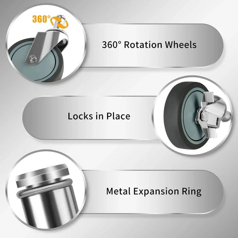 Close-up image showing 5 Inch Stem Casters For Wire Shelving Heavy Duty Swivel Wheels With Brakes Set Of 4, featuring a 360° rotation wheel, lock, and metal expansion ring.
