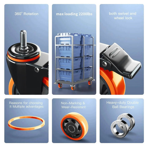 4 Inch Heavy Duty Stem Caster Wheels Set Of 4 With Dual Locking Brakes For Cart And Furniture, 2000 Lb Total Capacity, Threaded Stem Half Inch 13 By 1, Swivel Industrial Casters With Steel Housing Ball Bearings Electrophoresis Plated shown in various views highlighting features.