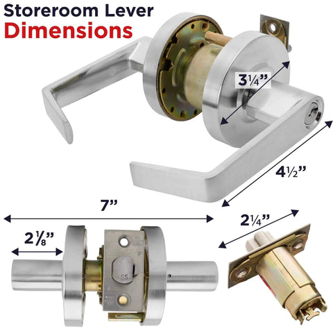 Dimensions of Heavy Duty Commercial Storeroom Door Lockset Grade 2 Keyed Schools and Businesses Nickel Finish ANSI A1562 ADA UL Listed
