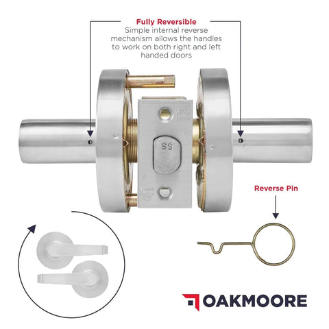 Heavy Duty Commercial Door Lockset With Storeroom Lock Grade 2 ANSI A1562 Nickel Finish Keyed Knob ADA Compliant showing reversible mechanism