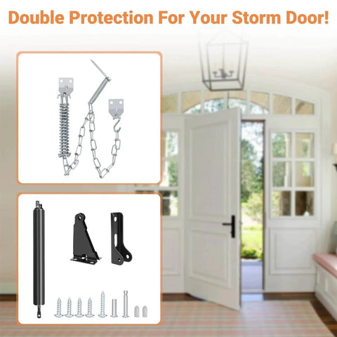 Storm Door Closer, Heavy Duty Screen Door Closers with Protector Chains Spring, Storm Door Bracket Kit Compatible with Andersen/Emco/Larson/40201 (Closer and Chain, 1 Pack(Black)) parts diagram