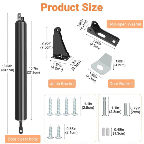 Storm Door Closer, Heavy Duty Screen Door Closers with Protector Chains Spring, Storm Door Bracket Kit Compatible with Andersen/Emco/Larson/40201 (Closer and Chain, 1 Pack(Black)) measurements and components displayed including brackets and screws.