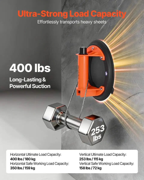 8-Inch Heavy-Duty Vacuum Suction Cup Lifter with ABS Handle demonstrating 400 lb lift capacity on wall with dumbbell weight