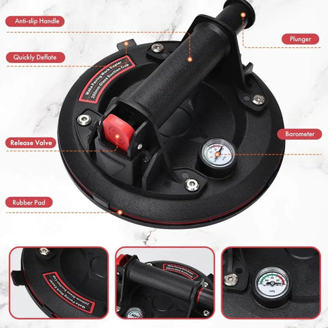 Heavy Duty Vacuum Suction Cup Lifter For Glass And Large Appliances With Pressure Gauge showing handle, plunger, and gauge close-up