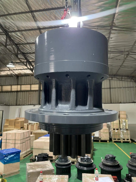 Beefed Up Heavy Duty Planetary Swing Drive for Excavators With High Torque And Low Backlash Aftermarket Swing Reduction Gearbox Compatible With Volvo EC210 Direct Replacement Slew Drive in warehouse setting.