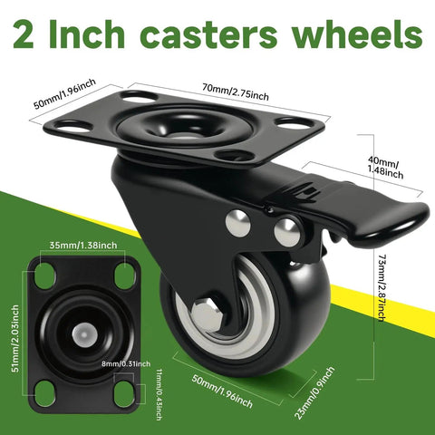 2 Inch Heavy Duty Swivel Plate Casters Set Of 4 With Quiet Rolling And Locking Mechanism Ideal For Furniture Carts Workbenches Shelves And Wooden Cabinets Includes Screwdriver Screws And Metal Washers For Easy Installation