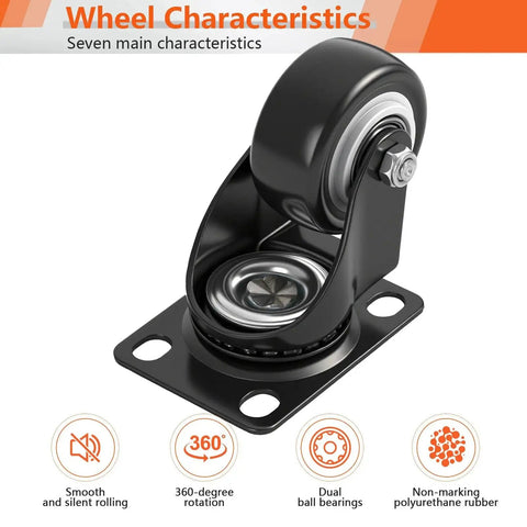 Two Inch Swivel Caster Wheels Set Of Four Heavy Duty Black Polyurethane Casters With Top Plate 360 Degree Rotation For Furniture
