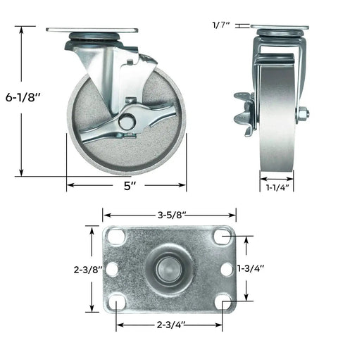 5 Inch Heavy Duty Industrial Cast Iron Swivel Casters Set Of 4, 2000 Lb Capacity With Galvanized Steel Wheels For Cart Workbench And Furniture