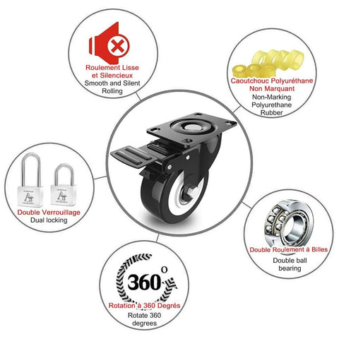 Diagram of 2 Inch Heavy Duty Swivel Caster Wheels Set of 4 with safety dual locking, polyurethane foam wheels, and 360-degree rotation features
