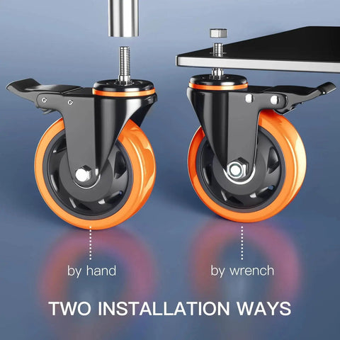 4 Inch Heavy Duty Stem Caster Wheels Set Of 4 With Dual Locking Brakes For Cart And Furniture, 2000 Lb Total Capacity, Threaded Stem Half Inch 13 By 1 installation methods shown.