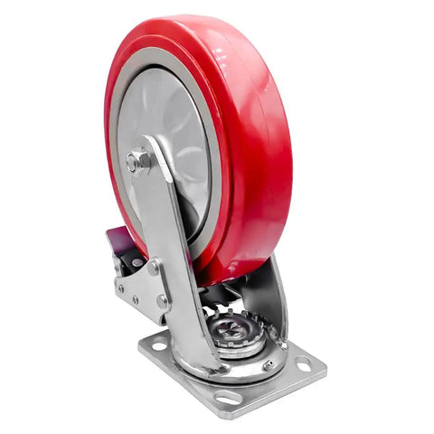Heavy Duty 8 Inch By 2 Inch Locking Swivel Caster with Polyurethane on Polyolefin Core, front view, industrial grade wheel.