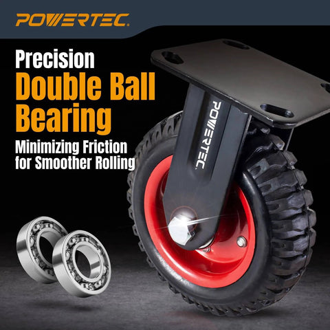 Close-up of a heavy duty caster with rubber knobby tread and precision double ball bearing for smooth motion, showcasing POWERTEC branding.