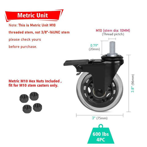 Heavy Duty 3 Inch Swivel Casters Set Of Four With M10 By 20mm Metric Stem Threads Locking Castors And Hex Nuts 600 Lb Capacity Durable Furniture Casters For Mobile Cabinets Lab Tables And Equipment With Smooth Rolling And Safe Locking, showing caster with measurements and hex nuts.