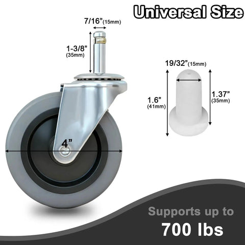 Heavy Duty Stem Caster Wheels 7 16 Inch Stem Diameter Swivel Rubber Casters TPR Replacement Wheels 4 Pack with dimensions