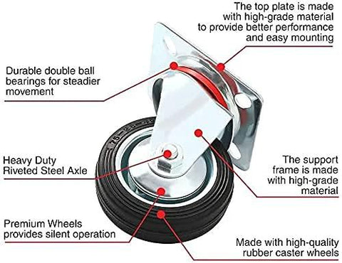 3 Inch Heavy Duty Swivel Caster Wheels 4 Pack, Rubber Base Casters with Top Plate and Double Ball Bearings diagram with labels