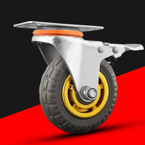 Heavy Duty Swivel Rubber Plate Caster Wheel with brake and tire tread, featuring a silent double bearing design, suitable for industrial furniture.