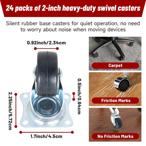 Heavy Duty Swivel Caster Wheels 24 Pack 2 Inch Rubber Base With Top Plate And Bearing Each Wheel Supports 25KG close-up view