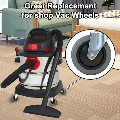 Shop vac with inset showing Heavy Duty Stem Caster Wheels 7 16 Inch Stem Diameter Swivel Rubber Casters TPR Replacement Wheels 4 Pack For Mop Buckets Utility Carts Shop Vac Grills And More Each Supports Up To 200 Lbs. on hardwood floor.