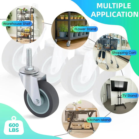 Heavy Duty 3 Inch Swivel Stem Casters Set Of 4 With Threaded Five Sixteenth Inch 18 UNC By One And One Half Inch Rubber Wheels For Wire Shelving Furniture And Carts Load Bearing 600 Lbs Total 150 Lbs Each Includes Nuts Washers And Spanner, shown in multiple use applications.